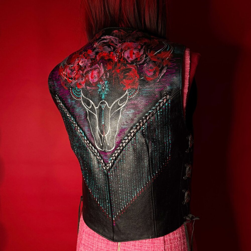 Upcycled Hand-Painted Leather Vest – Western Stagewear Statement Piece